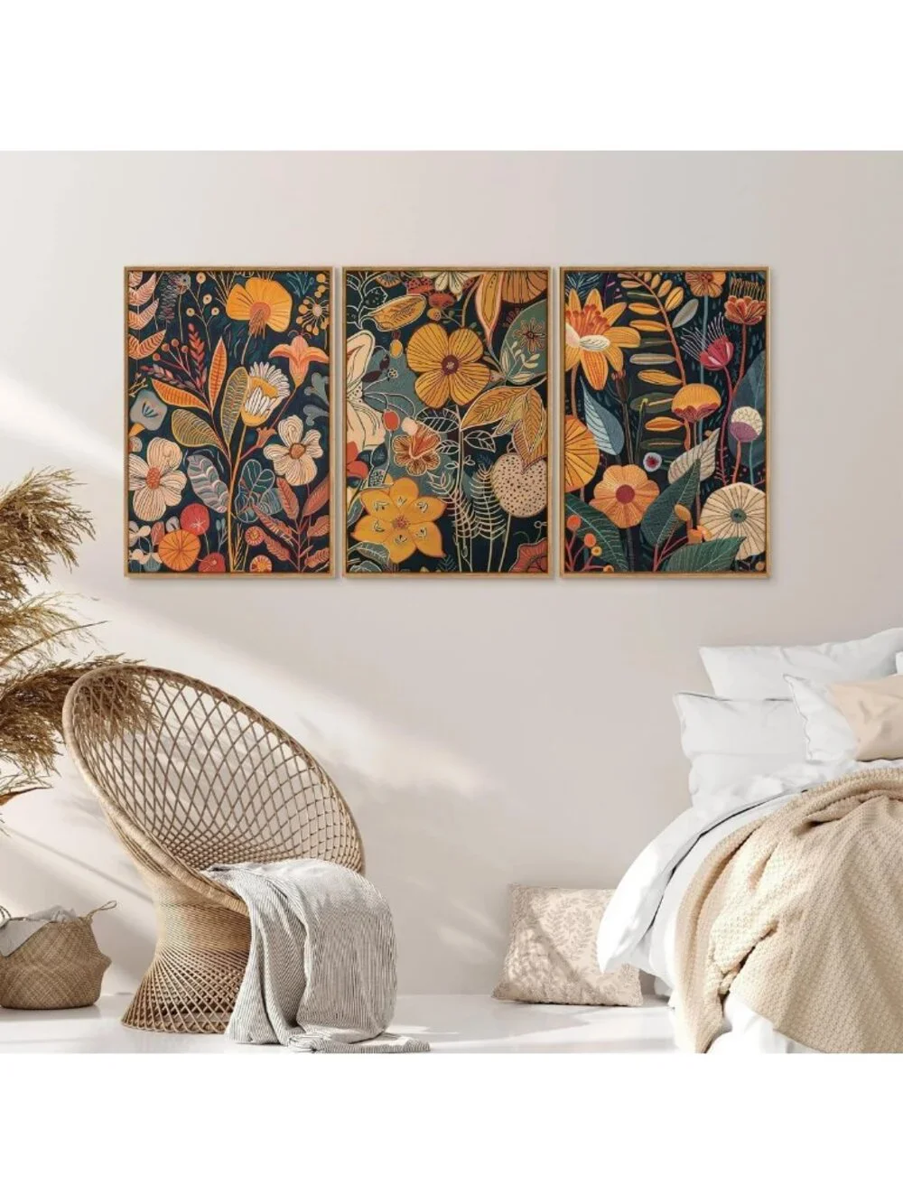 Set of 3 Orange Floral Canvas Wall Art - Mid Century Modern Boho Decor, 16x24